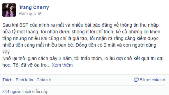 Hotgirl Trang Cherry thu nhập nữa tỉ đồng 1 tháng